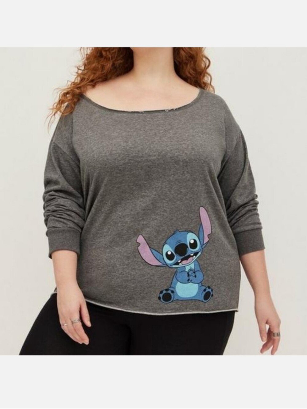 Torrid Disney Gray Off Shoulder Sweatshirt with Stitch Graphic